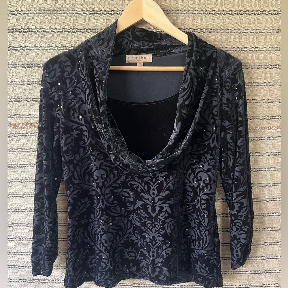 Y2K Notations Black Velvet Cowl Neck Top with Sparkles